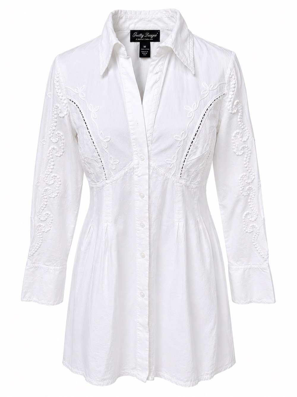 Gretty Zueger M White Cotton Embroidered Shirt Dress Tunic Coastal Cowgirl Boho
